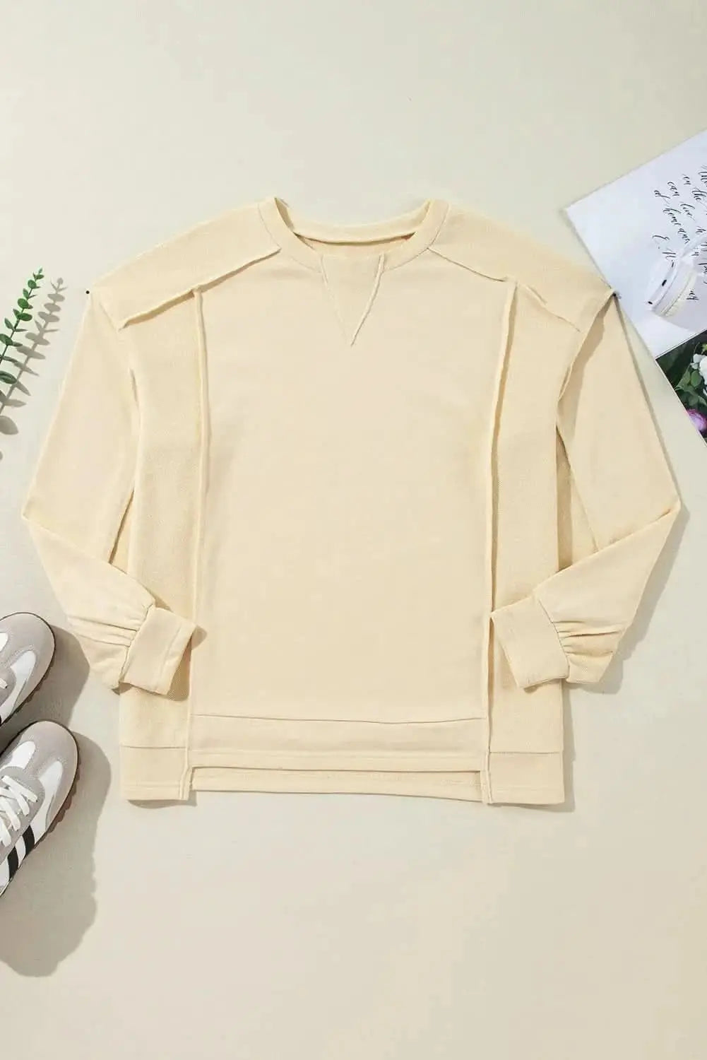 Exposed Seam Round Neck Long Sleeve Sweatshirt - Love Salve